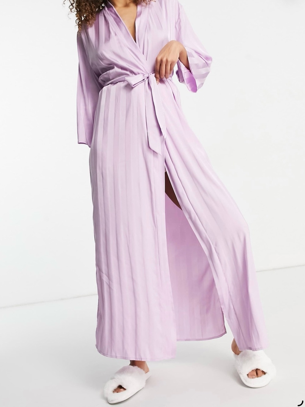 Lilac Satin-Stripe Long Wrap Robe with Tie Belt